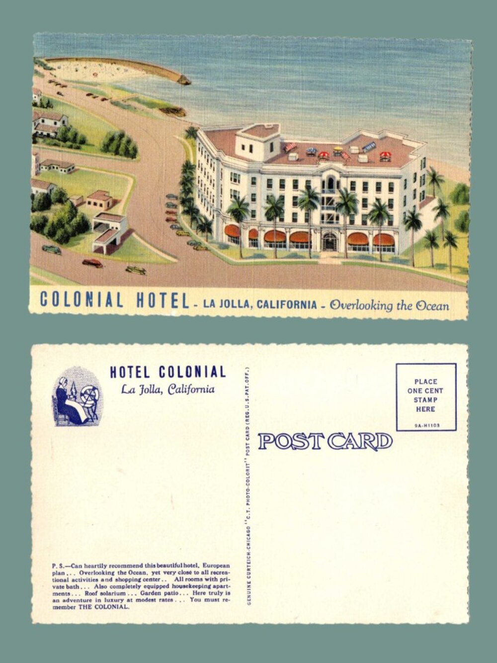 POSTCARD SALE 10/$20 Grande Colonial Hotel in La Jolla California Linen Postcard